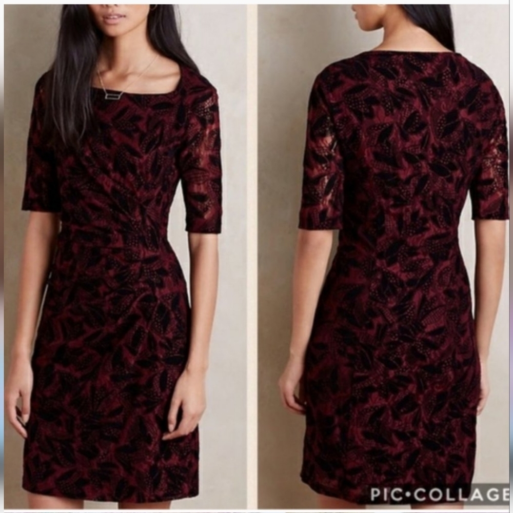 Anthropologie Maeve Elorn Burgundy Draped Front Lace Fitted Sheath Dress 8US - Picture 1 of 7